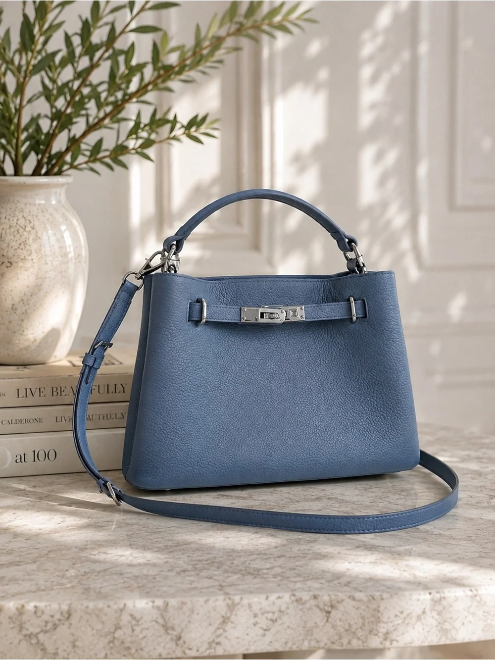Elegant Blue Leather Top-Handle Satchel